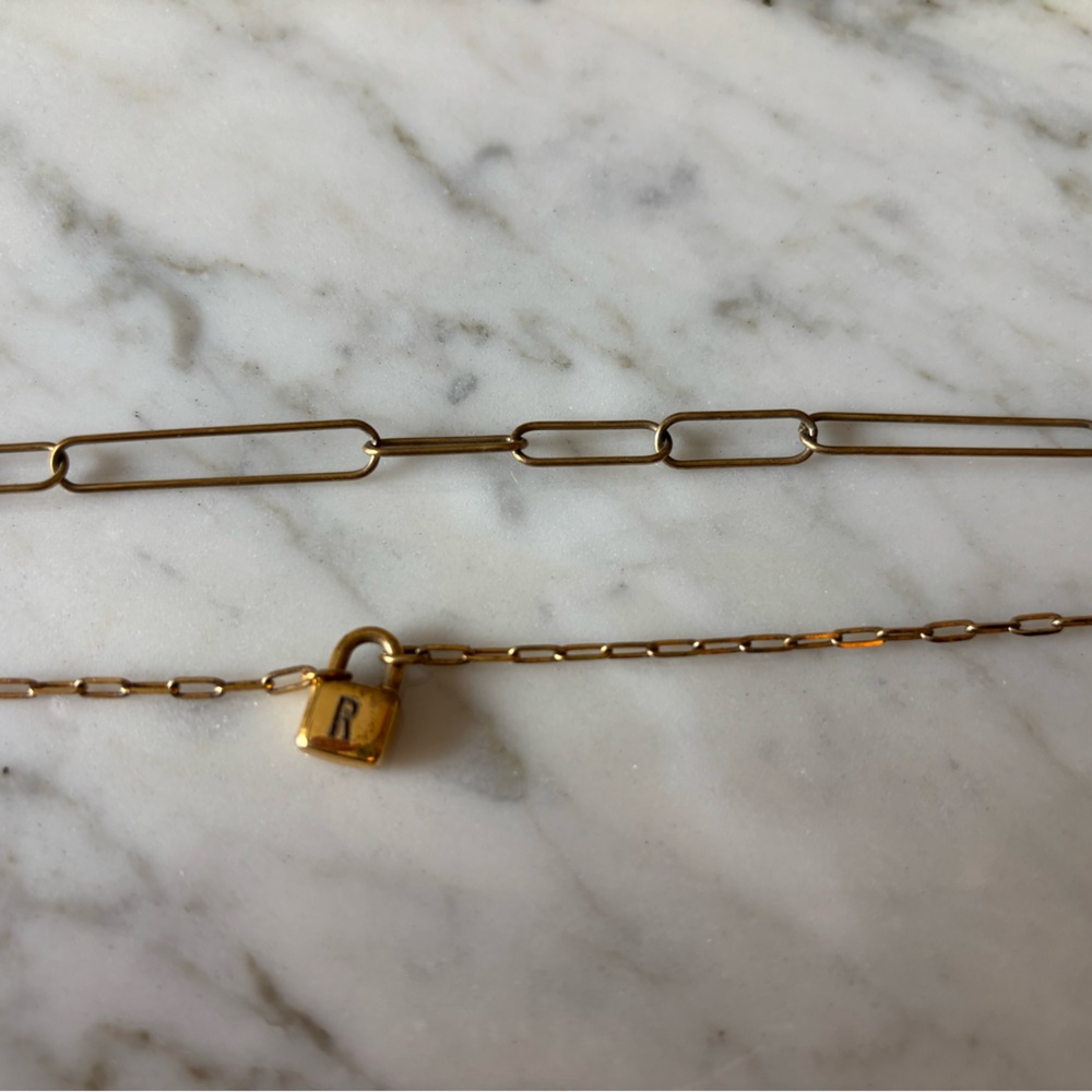 Two gold plated link necklaces-paperclip and engraved lock!